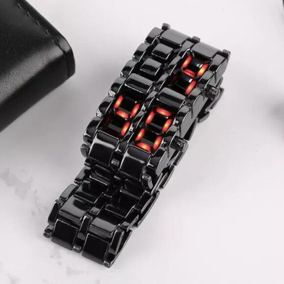 LED Digital Watch, Black & Red Stainless‎ Steel Lava Style, Samurai Bracelet - Picture 11 of 13